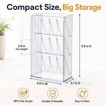 Drink Packet Organizer, 9-Compartment Water Flavor Packet Holder with Removable Dividers, Adjustable Tea Bag and Sugar Packet Storage Bin with Adhesive Stickers for Pantry, Fridge, Cabinet