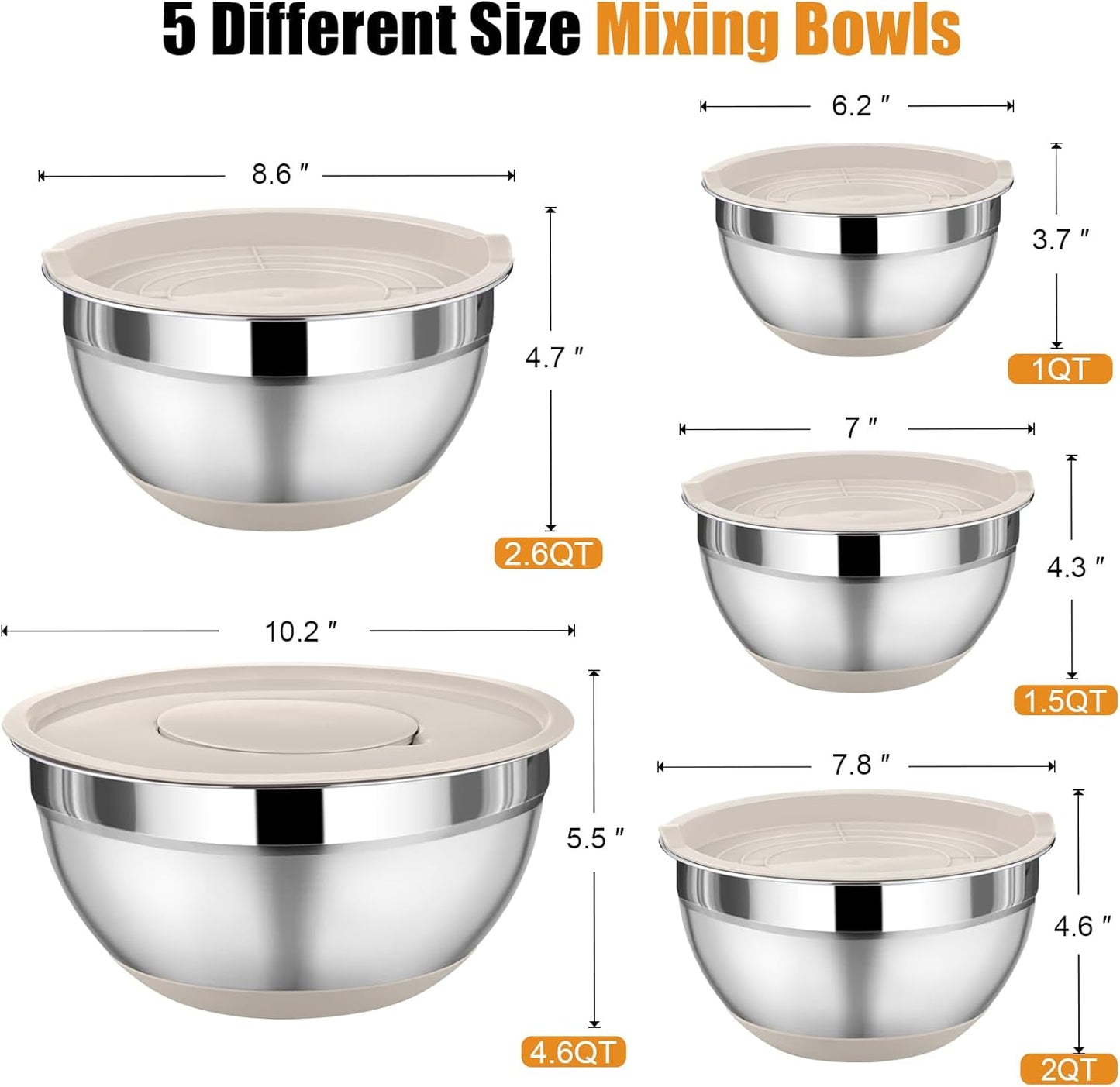 P&P CHEF Mixing Bowl with Lid Set, 5 Piece Stainless Steel Mixing Nesting Bowls for Salad Storage, 3 Grater Attachments & Non-Slip Bottoms, Size 1/1.5/2 / 2.6/4.6 QT, Black