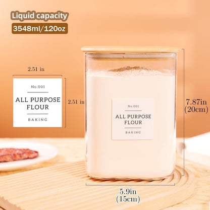 CZZGSM 2 Pack Square Glass Flour and Sugar Containers with 132 Kitchen Pantry Labels - Thicken 149 FL OZ Large Glass Storage Jars with Airtight Bamboo Lid - Big Food Canisters for Rice, Pasta, Cookie