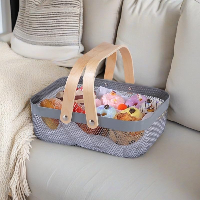 AJIODA Metal Mesh Steel Basket, Storage Organizer Basket Garden Harvest Basket Multi-functional Kitchen Fruit Baskets Bin with Wooden Handle for Bathroom Picnic Shopping Decor Cabinet Home, Pink