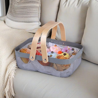 AJIODA Metal Mesh Steel Basket, Storage Organizer Basket Garden Harvest Basket Multi-functional Kitchen Fruit Baskets Bin with Wooden Handle for Bathroom Picnic Shopping Decor Cabinet Home, Pink