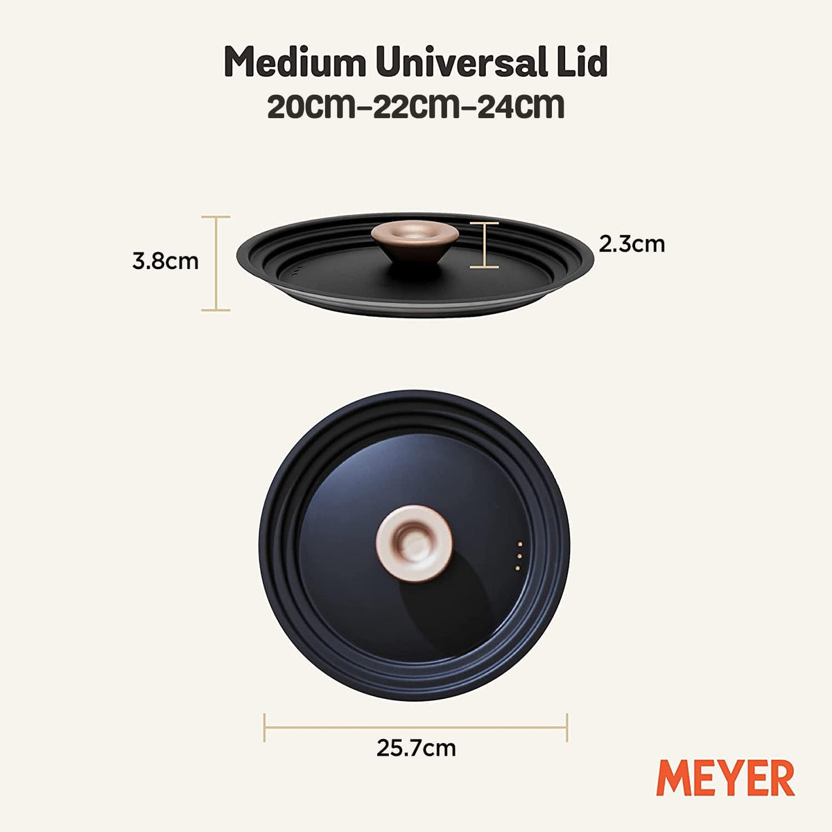 Meyer Universal Lids 6.25" | 7" | 8" Stainless Steel, Pots and Pans Cookware Stacking Lids, Replacement Cooking Stackable Lids, Small, Matte Black with Gold Accent Knob, Accent Series, 6.25-7-8 inch