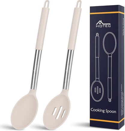 HOTEC 446°F Heat Resistant Large Silicone Cooking Spoon, BPA Free Solid Slotted Spoons, Nonstick Kitchen Cookware Utensils, Mixing, Serving, Stiring Large Spoons, Black