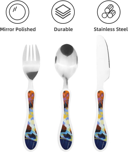 3-Piece Kids Silverware Set With Storage Case, Stainless Steel Reusable Children Safe Knife Spoon Fork Set Chinese Celadon Peacock Children Flatware Set For Kids Lunch Box