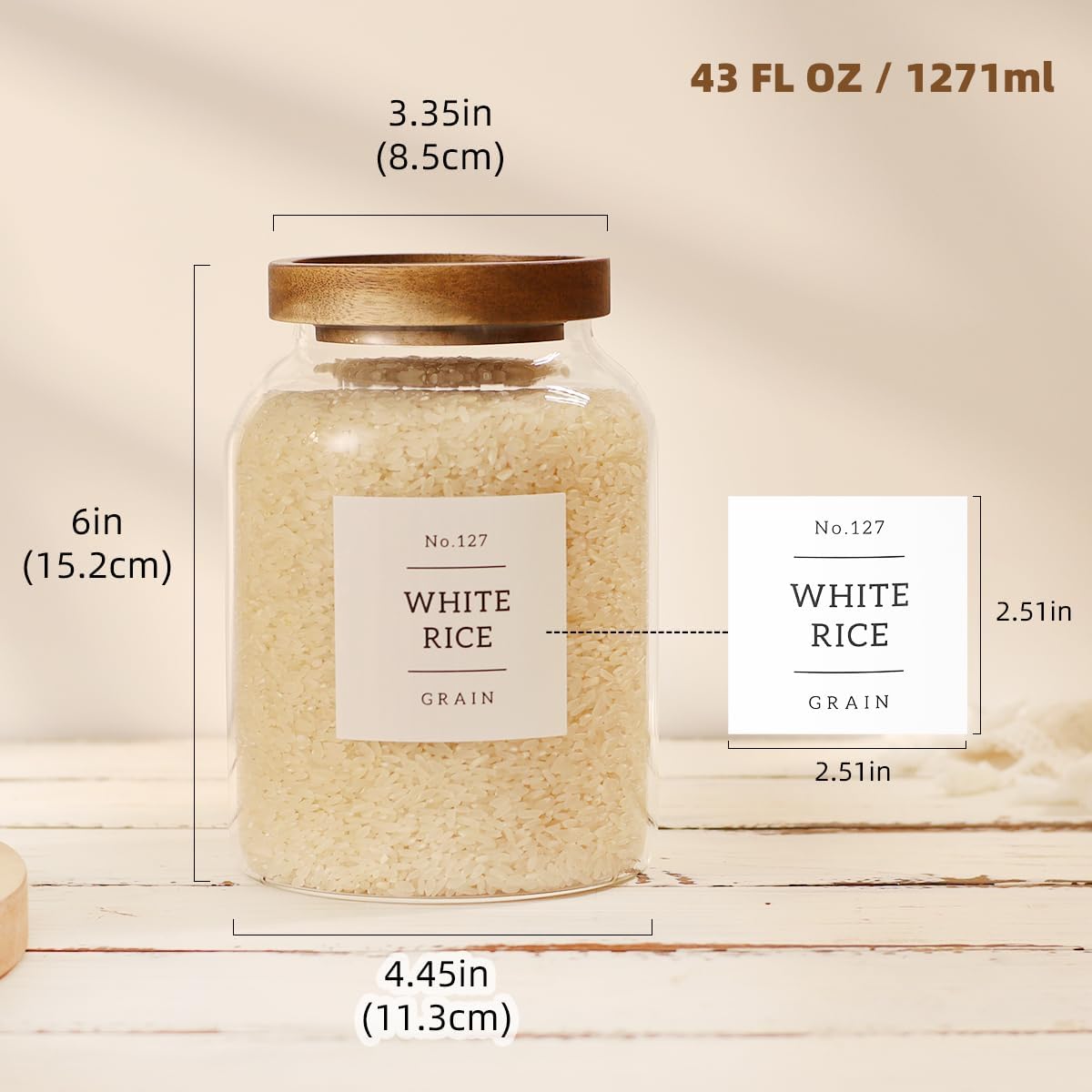 2 Pack Large Glass Flour and Sugar Storage Containers with Airtight Acacia Wood Lids and 132 Kitchen Pantey Labels Preprint - 1 Gallon Borosilicate Glass Canister Sets for Food,Pasta,Cookie,Rice