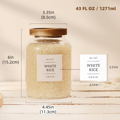 2 Pack Large Glass Flour and Sugar Storage Containers with Airtight Acacia Wood Lids and 132 Kitchen Pantey Labels Preprint - 1 Gallon Borosilicate Glass Canister Sets for Food,Pasta,Cookie,Rice