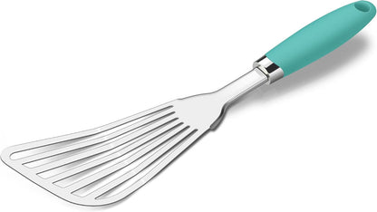 304 Stainless Steel Fish Spatula, Thin Flexible Slotted Turner | Non-Slip Ergonomic Handle, Metal Spatula for Fish, Eggs, Burgers, Cast Iron & Griddle, Black
