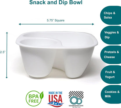 Rolling Sands Reusable Snack and Dip Bowls, 5 Pack, USA Made, Dishwasher and Microwave Safe Personal Size Plastic Divider Bowls, BPA-Free, Two Compartments to Hold Dips, Snacks and Treats