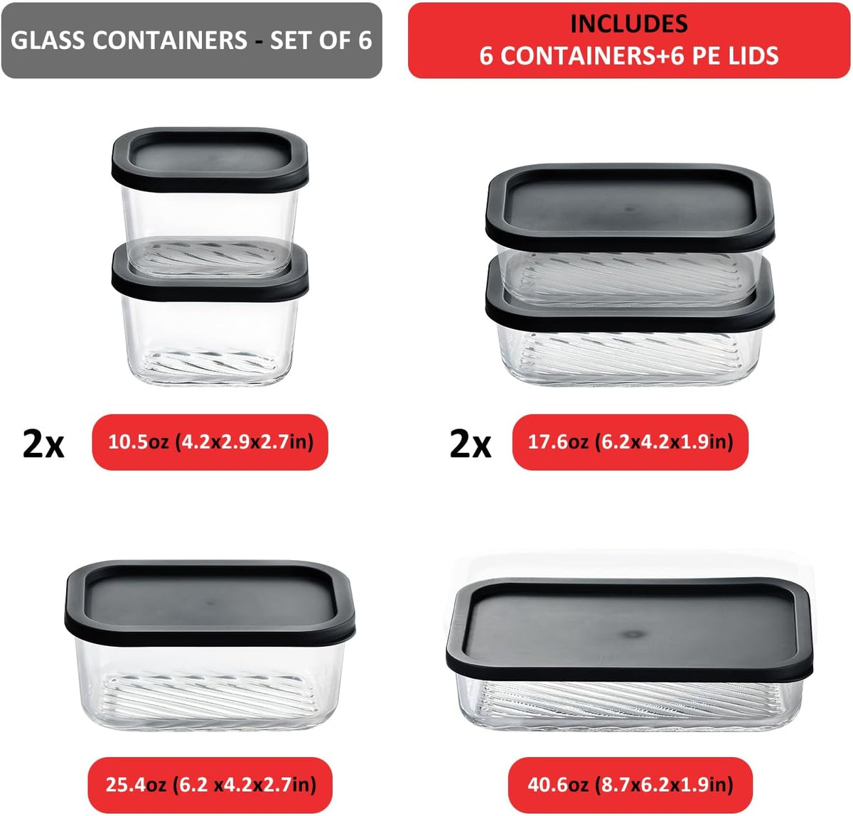 EATEX Grooved Base Glass Meal Prep Containers, 12 Pack Glass Food Storage Containers with Lids for Meal Prep & Lunch, Microwave Oven Freezer Dishwasher Safe, Anti Moisture Non-Stick Design - Black