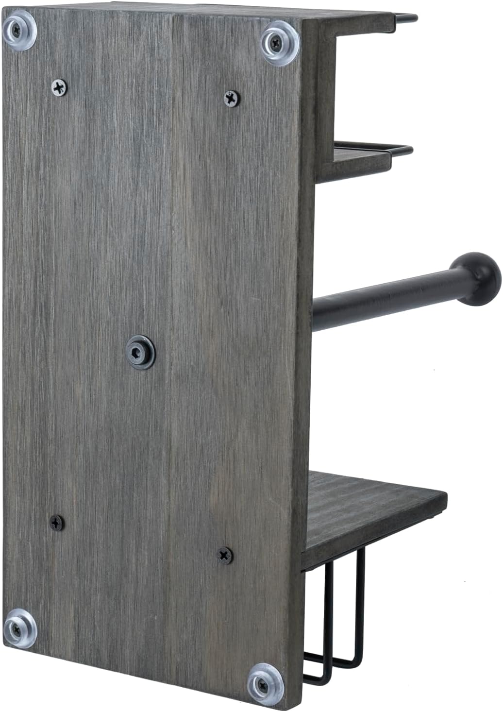MyGift Rustic Burnt Solid Wood and Industrial Matte Black Metal Dining Combination Caddy with Paper Towel Roll Dispenser Stand, Napkin Holder, and Spice Rack