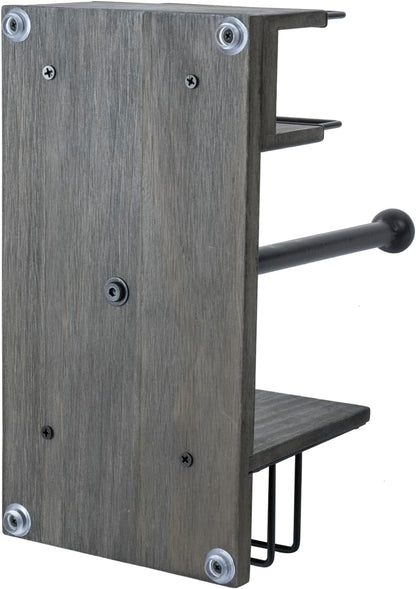 MyGift Rustic Burnt Solid Wood and Industrial Matte Black Metal Dining Combination Caddy with Paper Towel Roll Dispenser Stand, Napkin Holder, and Spice Rack