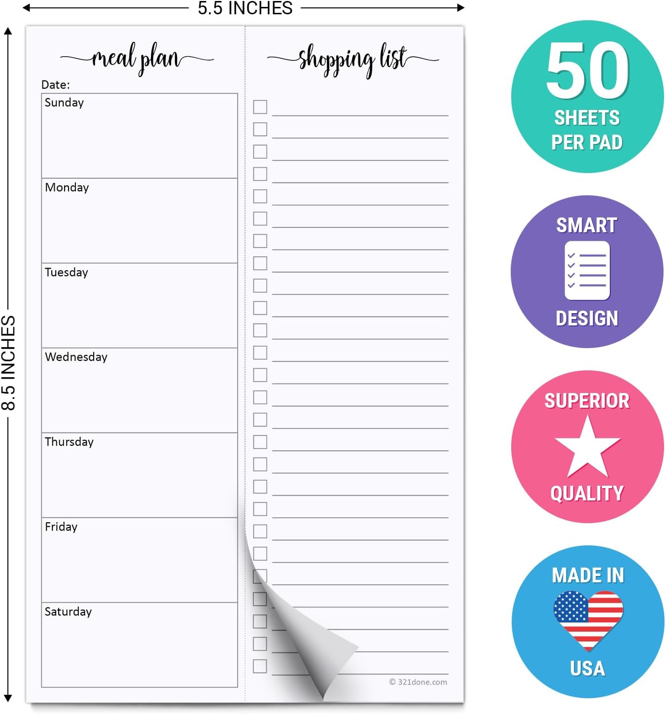 321done Magnetic Weekly Meal Plan Shopping Checklist Notepad - Tear-Off 50 Sheets, 5.5x8.5 - Undated, Sunday to Saturday To-Do List Planner, Schedule Weekly Desk Pad, Weekday Planning Notepad - Made in USA