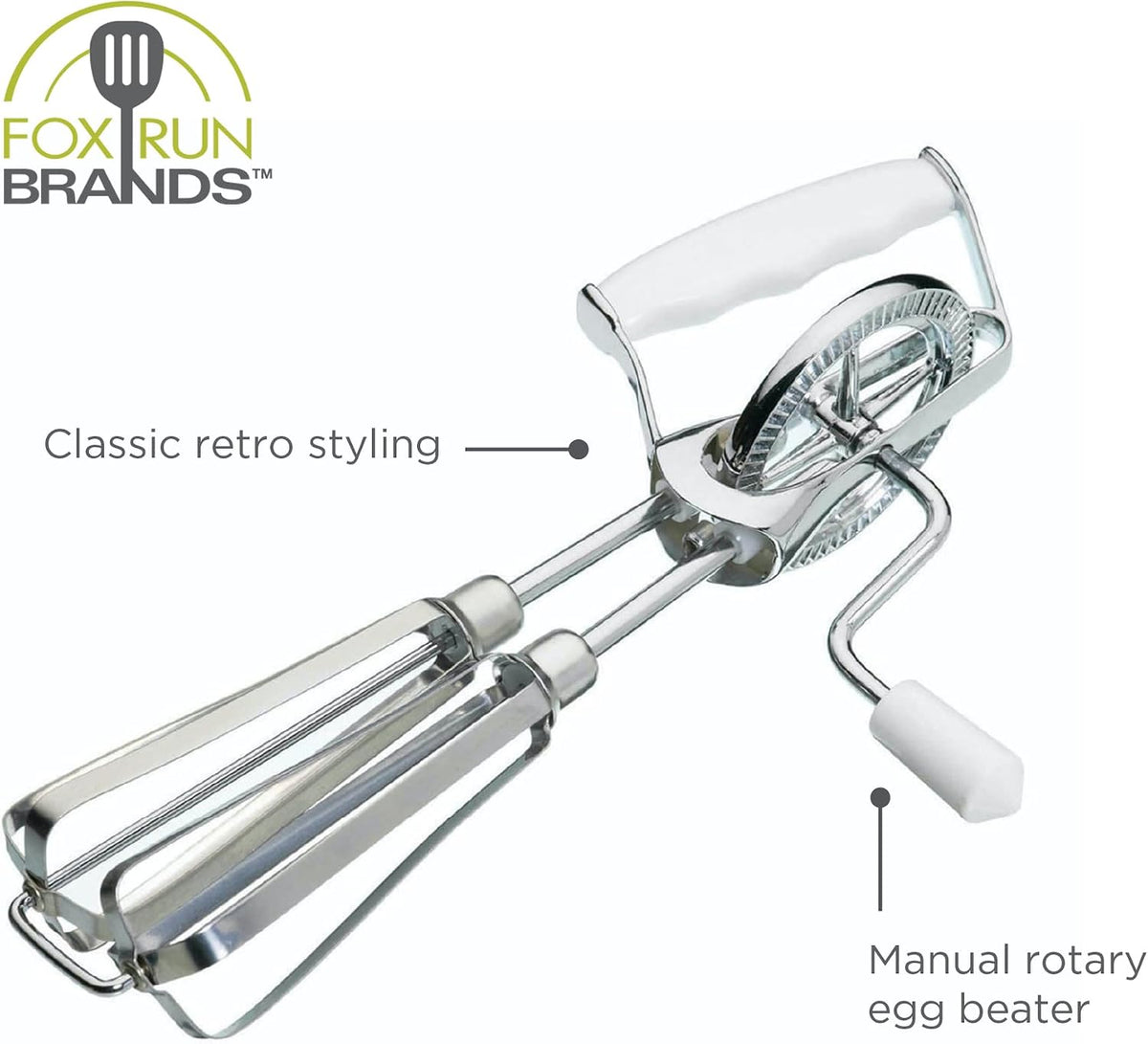Fox Run Stainless Steel Manual Hand Mixer, White Retro Style Egg Beater