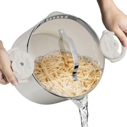 Eatex Pasta Pot with Strainer Lid - 5 Quart Multipurpose Stock Simmer Spaghetti with Strainer - Twist & Lock Handles, Nonstick Ceramic Stainless Steel Tempered Glass Black
