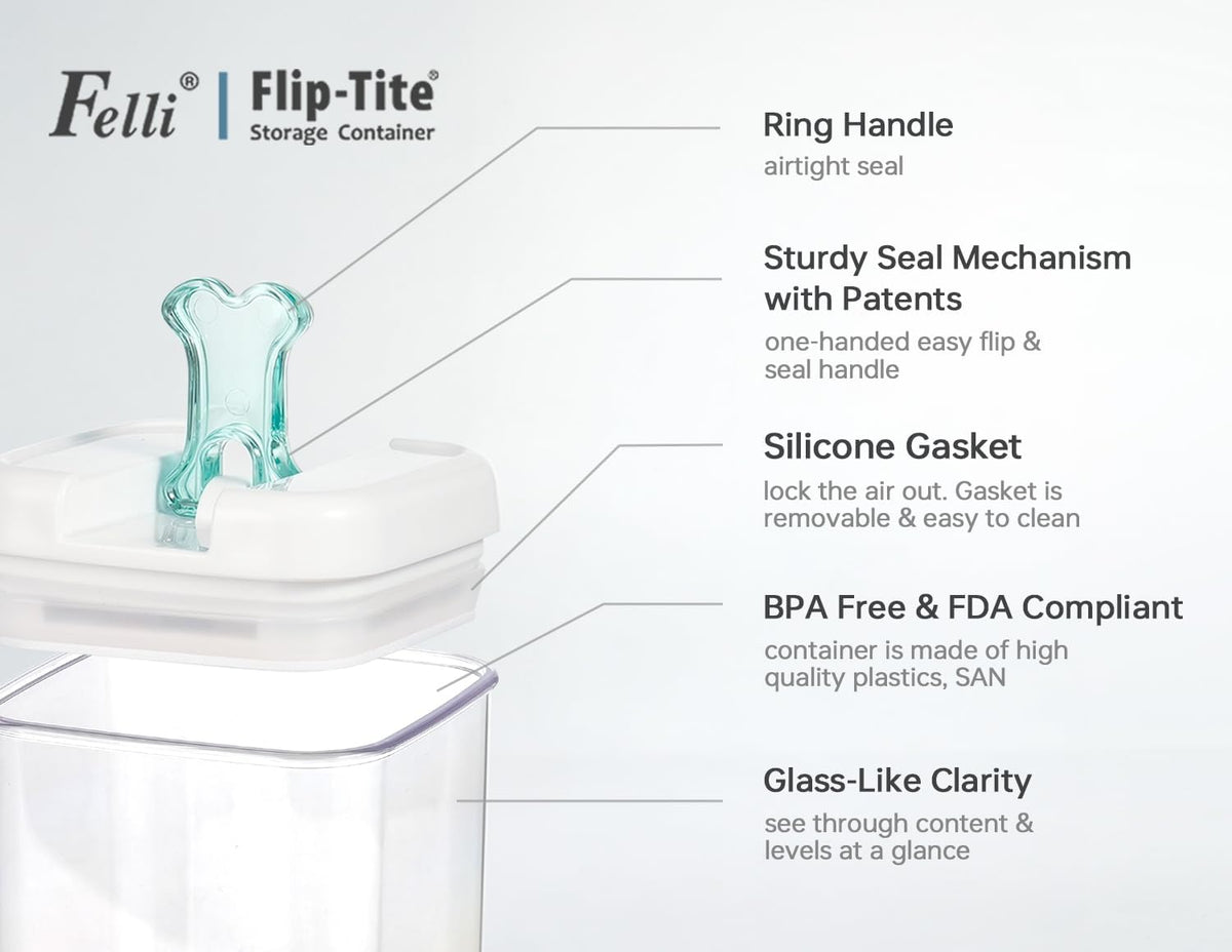 Felli Flip Tite Acrylic Food Storage Container with Lid 6” XL Air Tight Ring Seal Flip Top, Plastic Kitchen Baking Canister for 5 lb Flour Sugar Rice Protein Powder Pantry Organizer (Nest-M, White)
