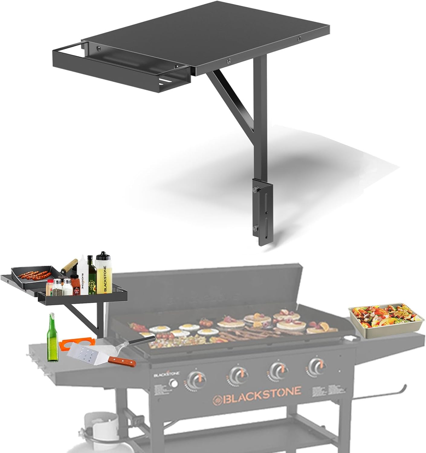 Upper Side Shelf with Griddle Caddy for Blackstone 36″/28″/28XL Griddles, Large Griddle Side Table with Bottle Holder for Easy Access, Blackstone Grill Accessories, Black (2 Pack)