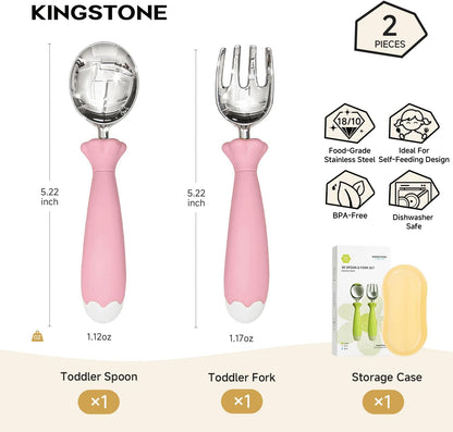 KINGSTONE Toddler Utensils with Case, Kids Silverware Set with Silicone Handles, 18/10 Stainless Steel Children Safe Forks and Spoons, Travel Carrying Cases BPA Free, Dishwasher Safe (blue)