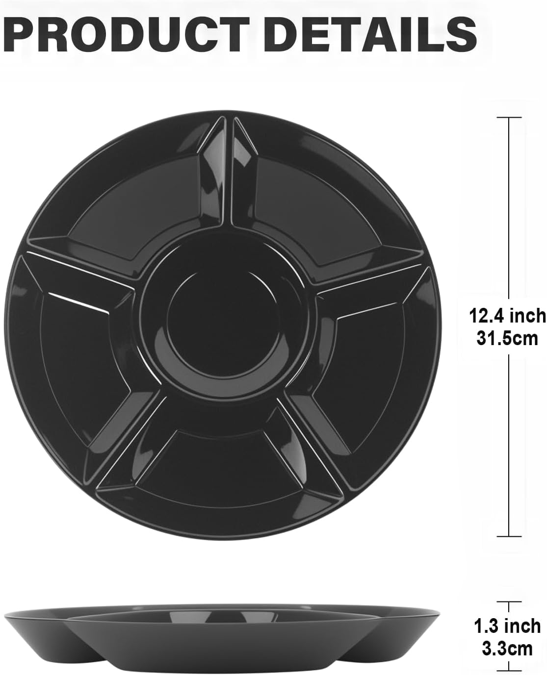 4 Pcs 12.4" Large Divided Serving Trays for Party Supplies, 6 Compartments Round Plastic Platters for Serving Food, Unbreakable Reusable Trays for Snack, Veggie, Fruit, Candy, White