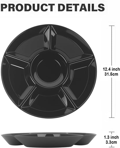 4 Pcs 12.4" Large Divided Serving Trays for Party Supplies, 6 Compartments Round Plastic Platters for Serving Food, Unbreakable Reusable Trays for Snack, Veggie, Fruit, Candy, White