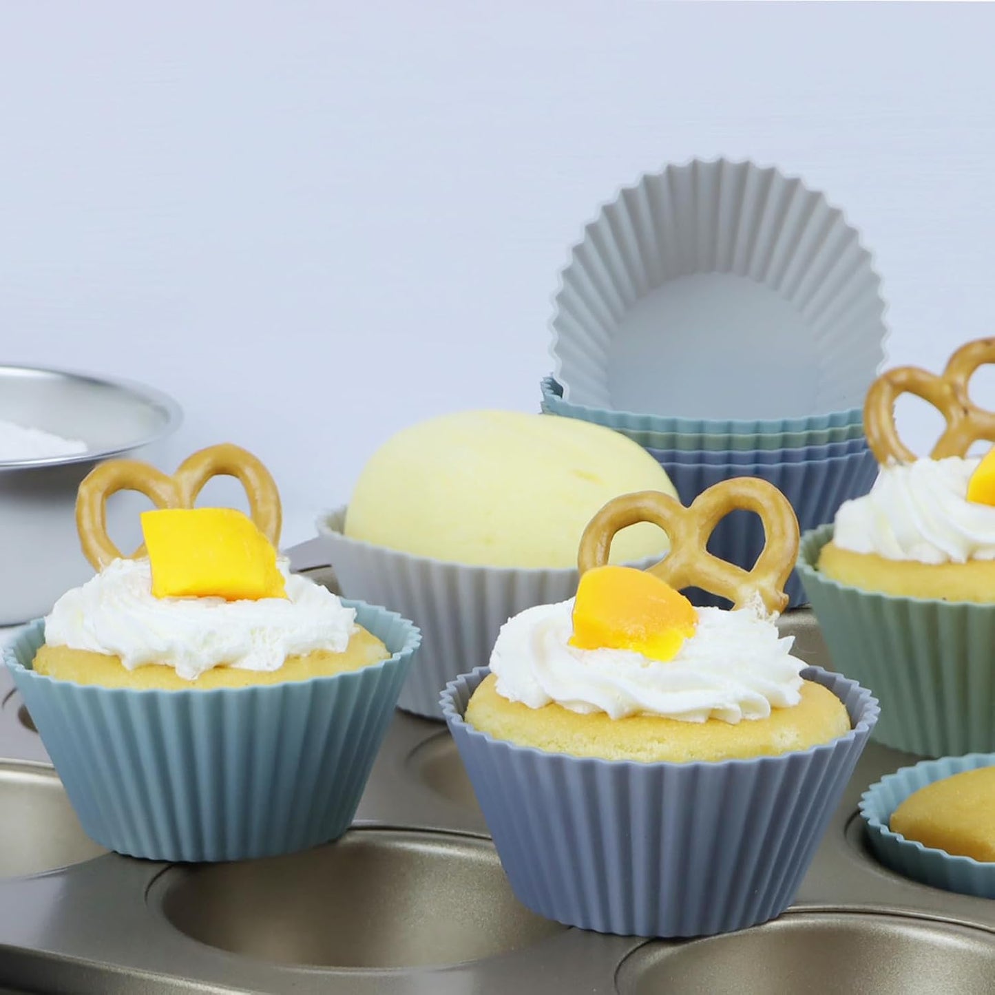 Silicone Baking Muffin Cups 12 Pack, Reusable Cupcake Liners Cake Molds, BPA Free, Dishwasher Safe(White, Green, Navy, Dusty Blue)