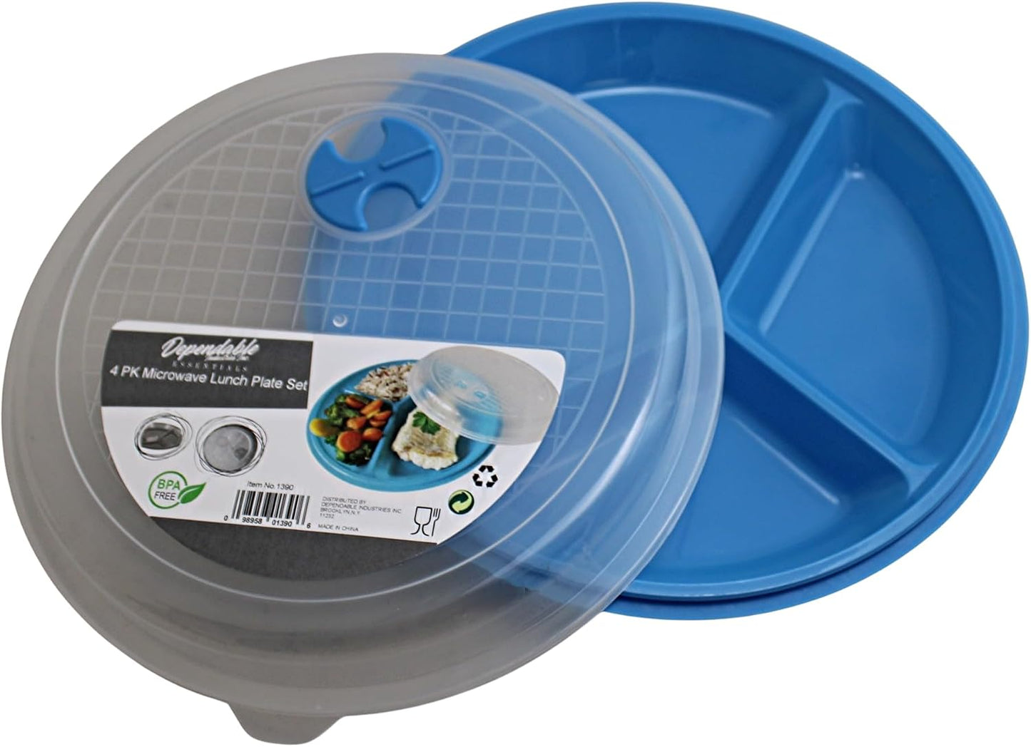 4-Pack Divided Microwave Plates with Vented Lids – BPA-Free, Stackable Meal Prep Plates – 3 Section Food Storage – Microwave, Freezer & Dishwasher Safe – 8.75” x 8.75”