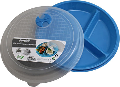4-Pack Divided Microwave Plates with Vented Lids – BPA-Free, Stackable Meal Prep Plates – 3 Section Food Storage – Microwave, Freezer & Dishwasher Safe – 8.75” x 8.75”