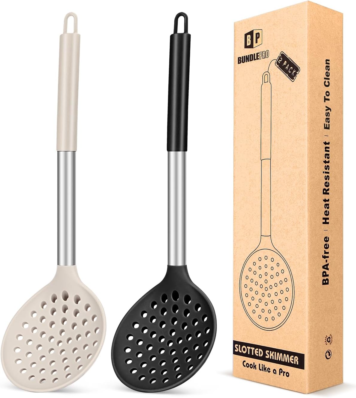 BUNDLEPRO Silicone Kitchen Ladle Strainer, 2 Pack, Black-Red