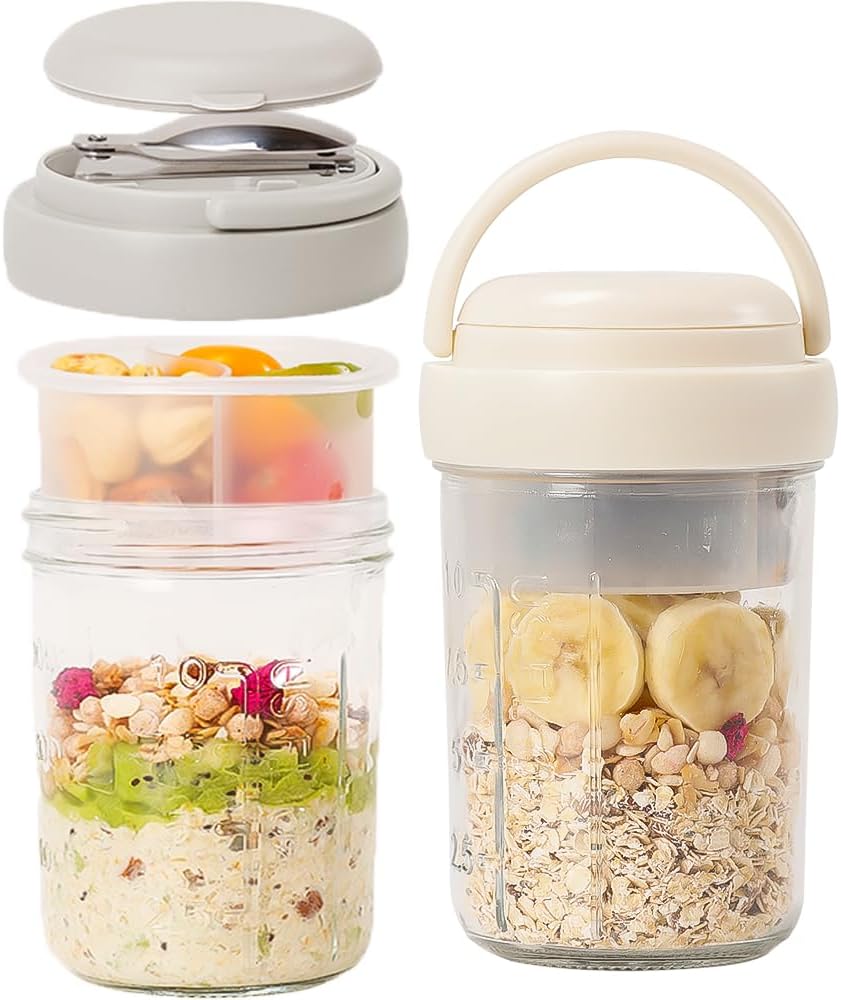 2 Pack Overnight Oats Containers with Lids and Handles, Folding Spoons & Divided Compartments for Fruit & Nuts, 16oz Mason Jars for Oatmeal Yogurt Container Chia Pudding Jars with lids (Cream 2pcs)