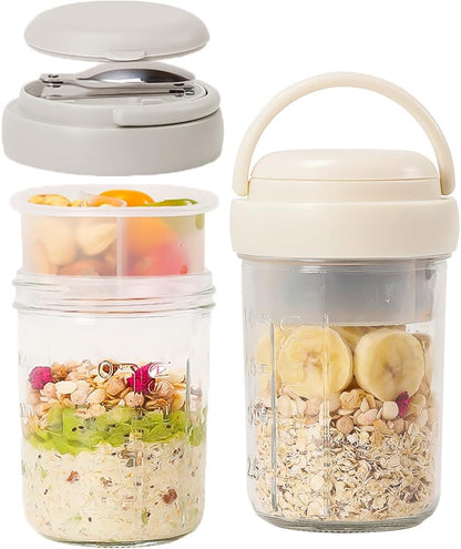 2 Pack Overnight Oats Containers with Lids and Handles, Folding Spoons & Divided Compartments for Fruit & Nuts, 16oz Mason Jars for Oatmeal Yogurt Container Chia Pudding Jars with lids (Cream 2pcs)