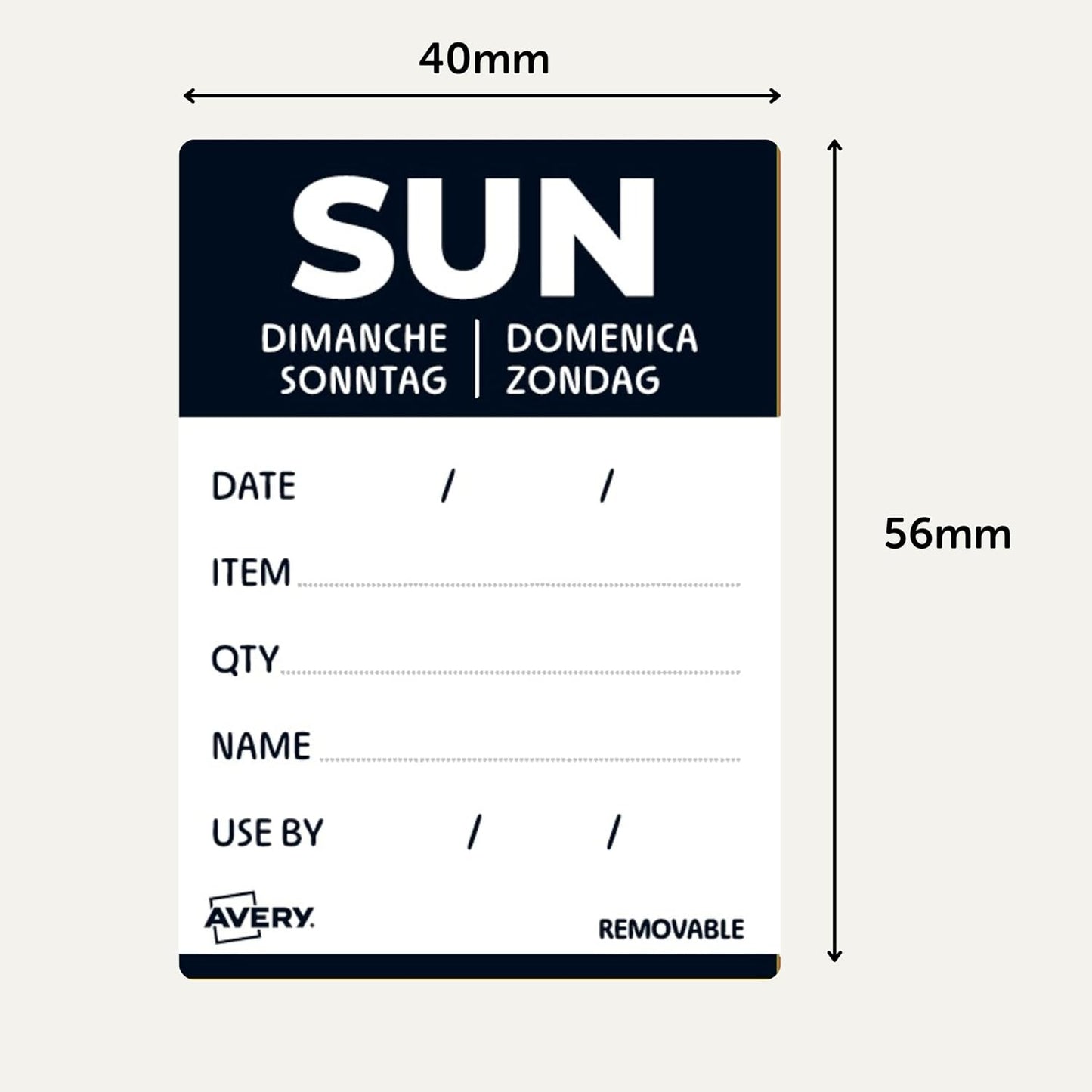 Avery Removable, Hand Writable, Detailed Food Day Labels, Strong Adhesive, 40 x 56 mm, Sunday, Black, 500 Labels, Preprinted Design (DLDSUNREV-500)