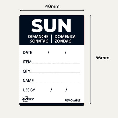 Avery Removable, Hand Writable, Detailed Food Day Labels, Strong Adhesive, 40 x 56 mm, Sunday, Black, 500 Labels, Preprinted Design (DLDSUNREV-500)