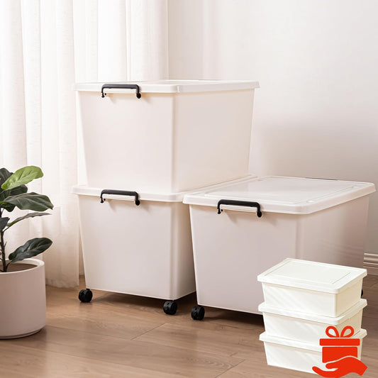 3 Extra Large Storage Bin with 4 Quiet 360° Swivel Casters - 55cm Heavy Duty Organizer with Snap-On Lid, Dust-Proof Moisture-Proof, Stackable Design for Living Room, Bedroom, Study