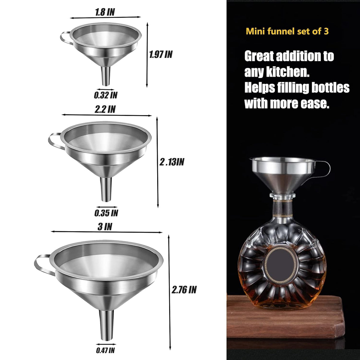 Canning Funnel for Wide and Regular Jars, Wide Mouth Funnel Stainless Steel Funnels for Kitchen Use, Metal Funnels Set for Transferring Liquid Power Jam Grains Dry and Wet Ingredients