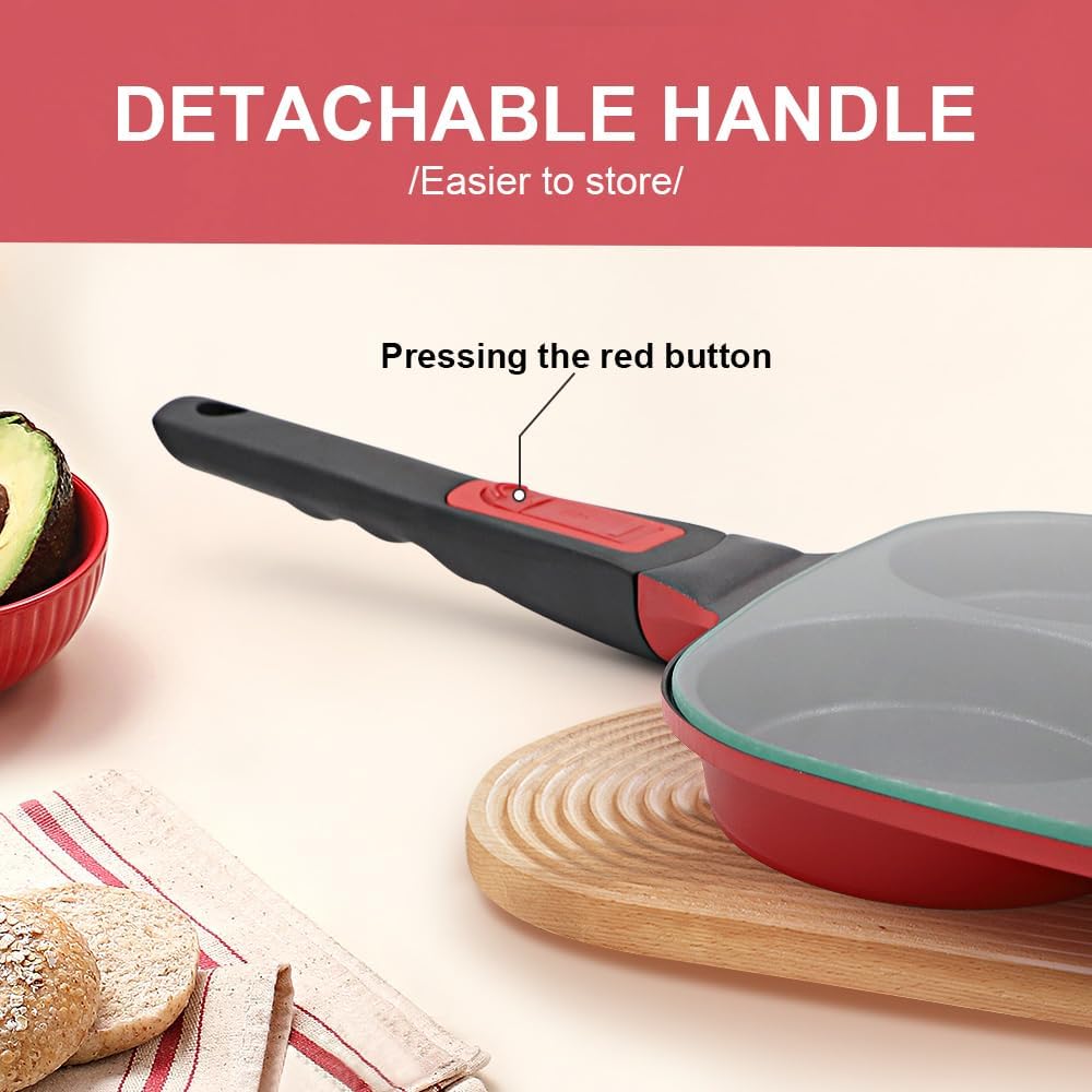 RANX INGST 4-Cup Egg Pan with Lid, Nonstick Omelette Skillet - Red