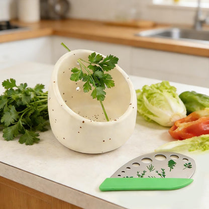 Ceramic Herb Stripper Bowl Set, 2‑In‑1 Herb Leaf Remover Tool Peeling Bowl