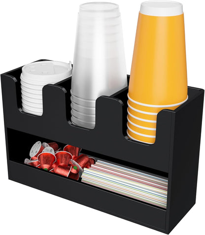Beego 2-Compartment Cup Holder for Countertop - 2-Tier Clear Acrylic Cup Dispenser Coffee Station Paper Cup and Lid Organizer Condiment Storage for Restaurant Breakroom Kitchen Bar Accessories
