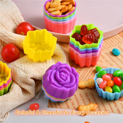 Reusable Silicone Baking Cups, 2 Inch Mini Size Silicone Cupcake Liners for baking, Multi Flower Shapes Muffin Liners, Pack of 36
