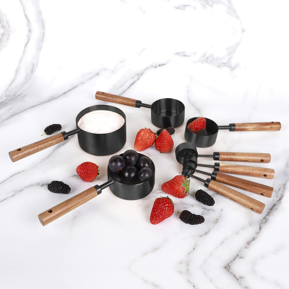 Collection 8 Piece Gold Measuring Cups Set and Measuring Spoons, Golden With fragrant wood Handles-Complete Set of Measure Cups and Spoons For Cooking and Baking.…