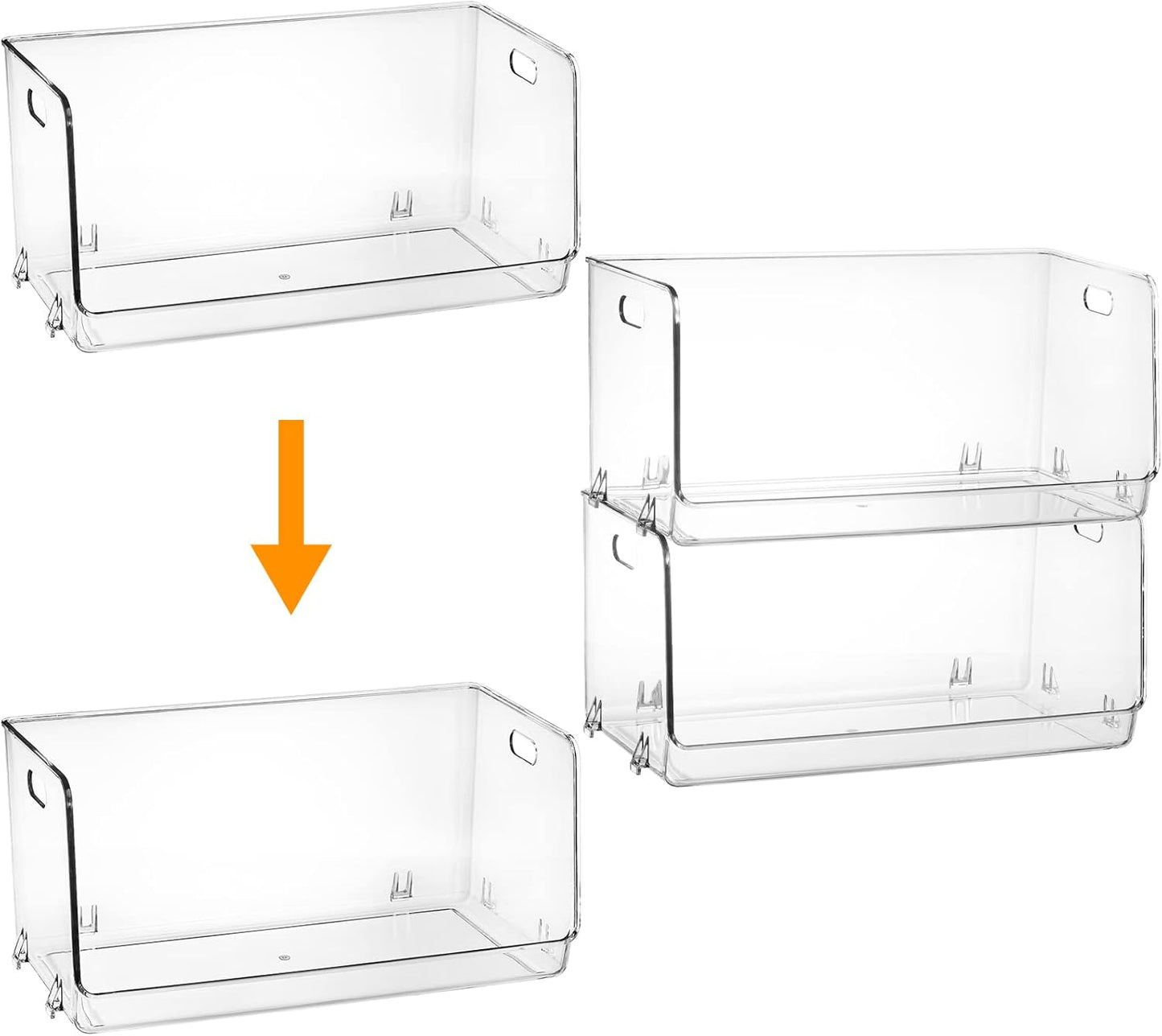 Nicunom 2 Pack Stackable Plastic Storage Bins Open Front, Clear Pantry Organizer Bin Household Food Storage Bin for Kitchen Countertops Cabinet Shelf Fridge