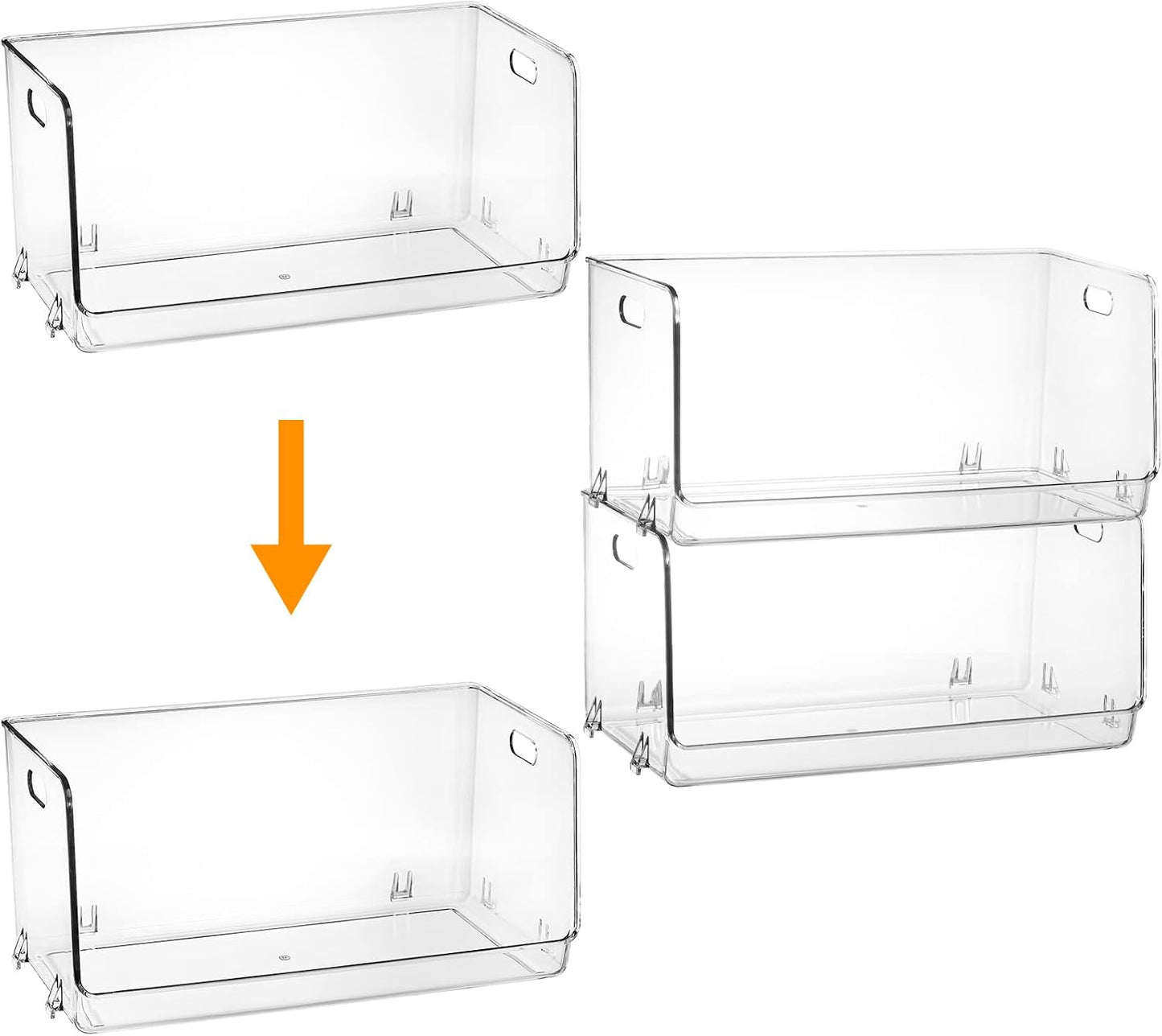Nicunom 2 Pack Stackable Plastic Storage Bins Open Front, Clear Pantry Organizer Bin Household Food Storage Bin for Kitchen Countertops Cabinet Shelf Fridge