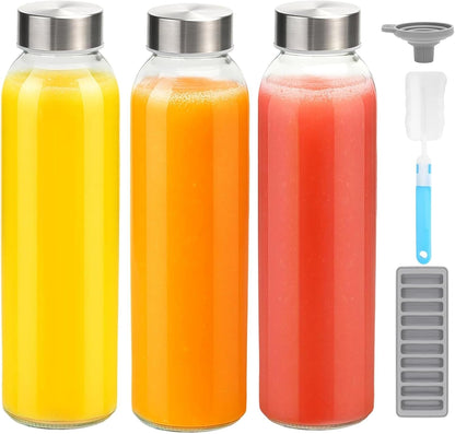 Zukro Glass Juice Bottles with Lids for Juicing 18 oz, Reusable Clear Glass Water Bottles with Stainless Steel Airtight Cap for Refrigerator, 100% Leak Proof Drinking Jar, BPA Free, Set of 6