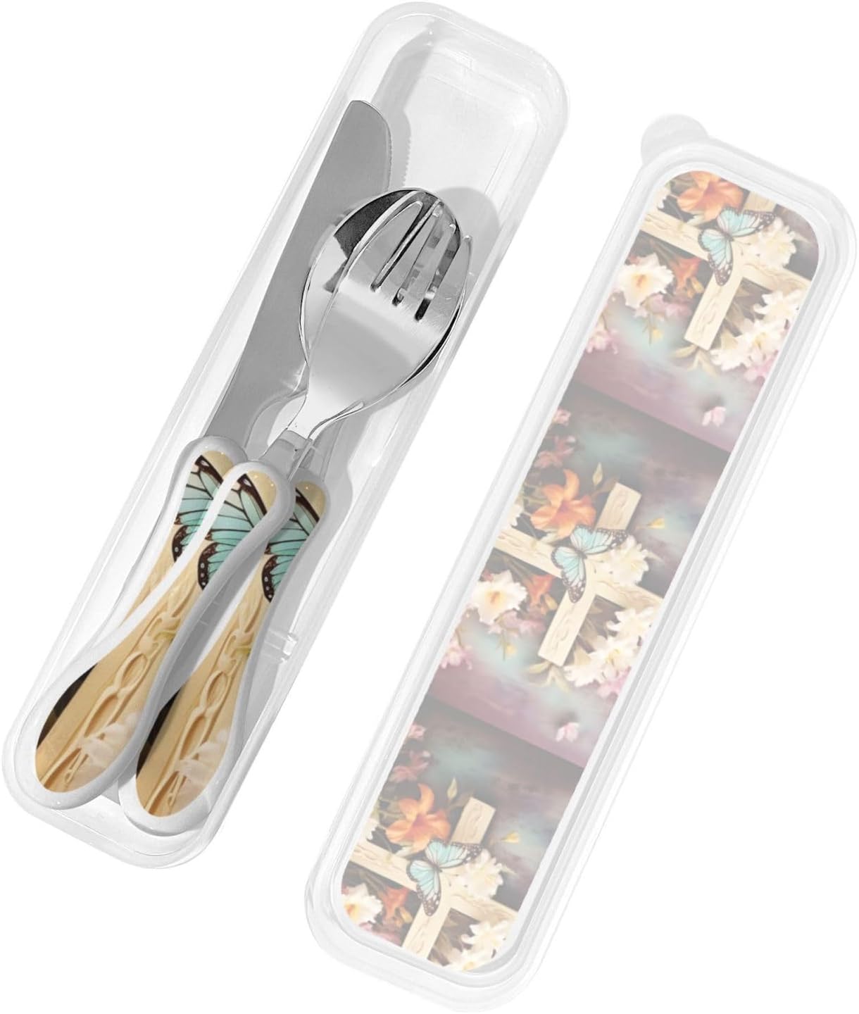 Stainless Steel Kids Silverware Set, Flower Branches On The Cross Utensil Set Reusable Children Safe Knife Spoon Fork Set With Storage Case Dishwasher Safe For Lunch, Travel Outdoors