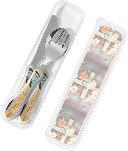 Stainless Steel Kids Silverware Set, Flower Branches On The Cross Utensil Set Reusable Children Safe Knife Spoon Fork Set With Storage Case Dishwasher Safe For Lunch, Travel Outdoors