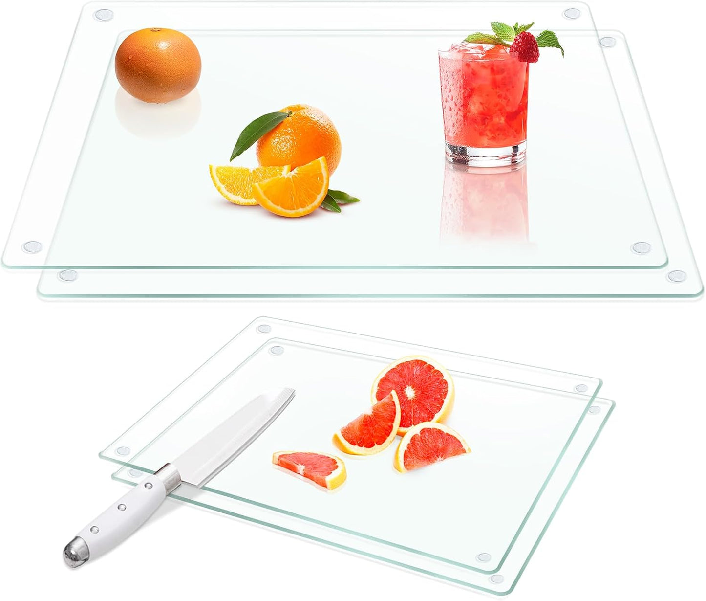 Tempered Glass Cutting Boards for Kitchen, 2Pcs Glass Chopping Boards, 16"x12" & 12"x8" Clear Glass Cutting Board Set With NonSlip Feet, Scratch Resistant, Heat Resistant, Easy to Clean