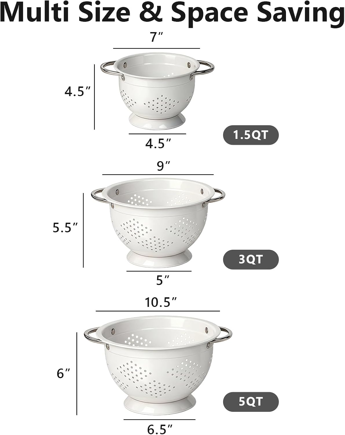 Colander Set for Kitchen, 1.5, 3, 5 Qt Food Strainers and Colanders