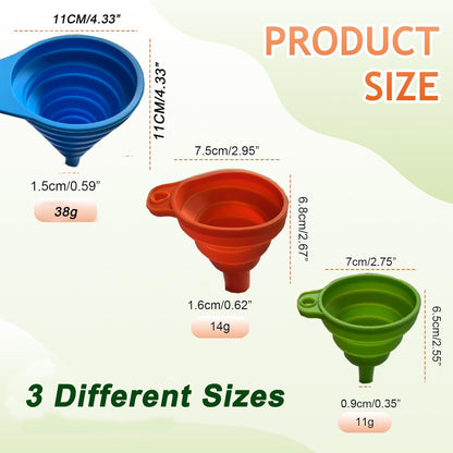 Kitchen Funnel Set 3 Pack,Large,Medium and Small,Kitchen Gadgets Accessories Foldable Silicone Collapsible Food Grade Funnels for Kitchen Use Daily Cooking Filling Bottles Liquid Powder Transfer