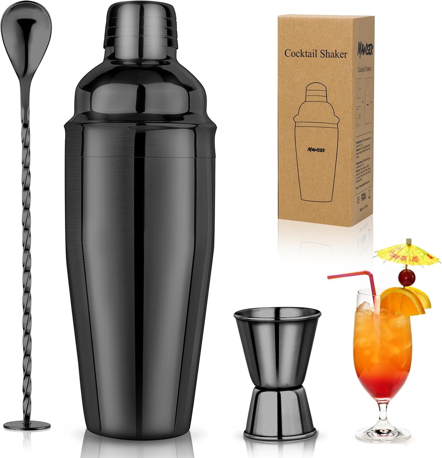 24oz Cocktail Shaker Set Martini Shaker Set Bartender Set with Margarita Mixer Drink Shaker, Measuring Jigger and Mixing Spoon - Professional 18/8 Stainless Steel Bar Tools for Mixed Drinks
