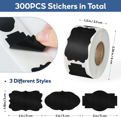 Imeepa Black Mason Jar & Bottle Label Stickers, 2"x1.2", 300PCS | Blank Labels. Writable for Jars, Bottles, Gift Wrapping, Food Storage & Crafts. Peel & Stick. Blackboard Style. 3 Designs.