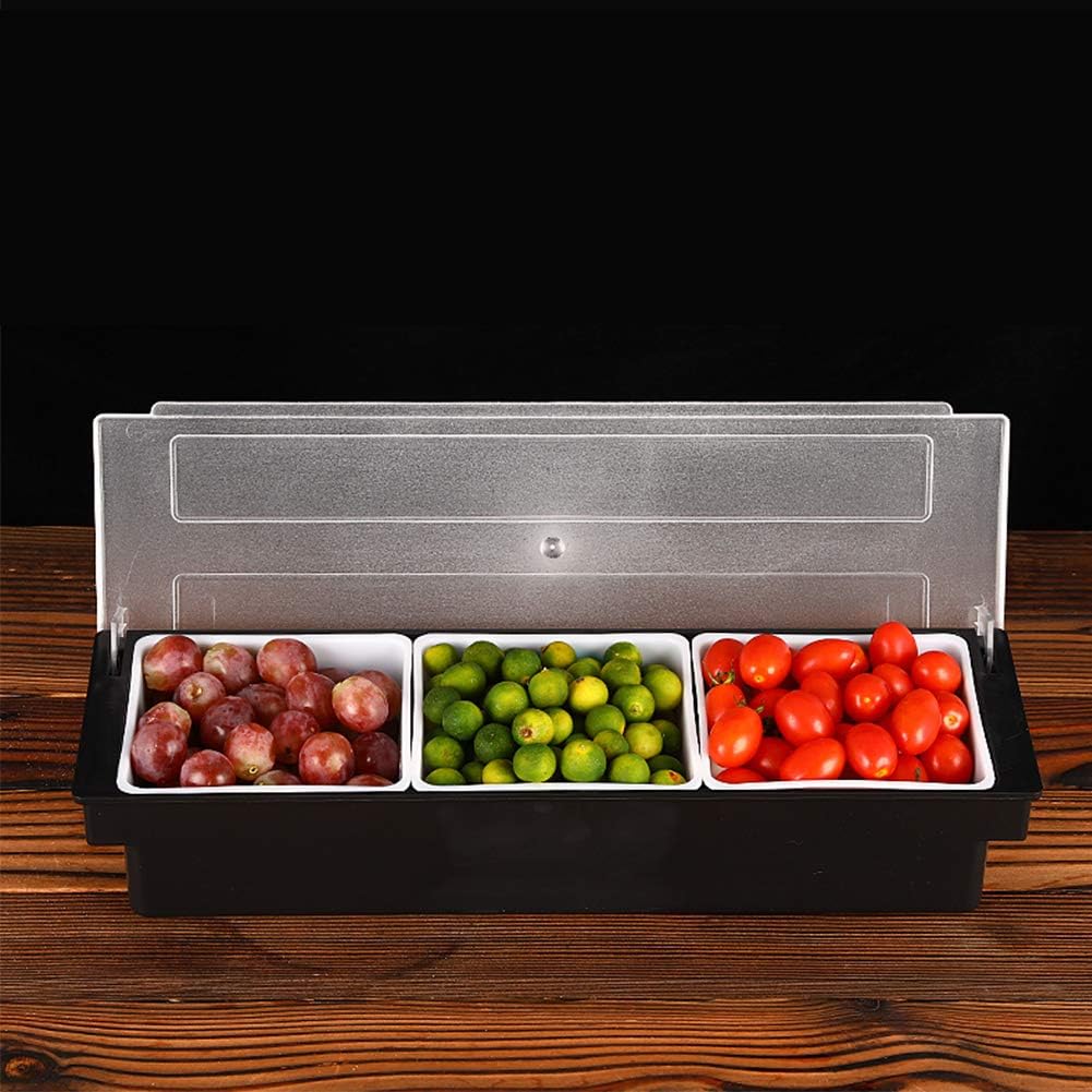 Fruit Veggie Condiment Caddy with Lid, 3 Compartment Plastic Dispenser Tray for Catering Dips Toppings, Serving Taco, Ice Cream, Fruit, & Salad Bar Garnish Organizer for Restaurant Supplies