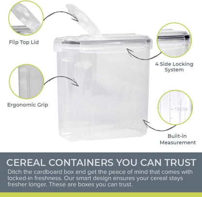 Simply Gourmet Airtight Cereal Containers with Lids – 4 Piece Tall Kitchen Pantry Organization Set, BPA-Free Clear Plastic, Pour Spout Lids for Breakfast Cereal, Rice, Flour, Sugar, Snacks